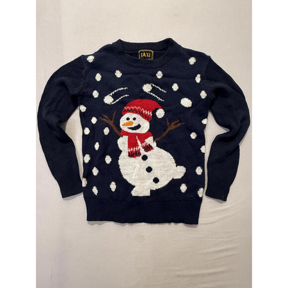 Taxi Unisex Kids Vintage Navy Blue Snowman Festive Christmas Sweater Size Small - Picture 3 of 8
